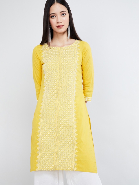 max Women Yellow Embroidered Straight Kurta
