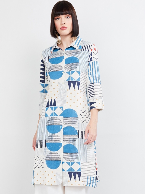 

max Women White & Blue Printed Straight Kurta