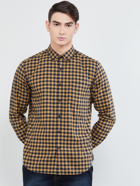 

max Men Mustard Yellow & Navy Blue Regular Fit Checked Casual Shirt