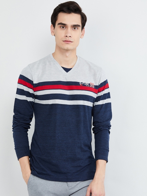 

max Men Navy Blue Striped Round Neck T-shirt