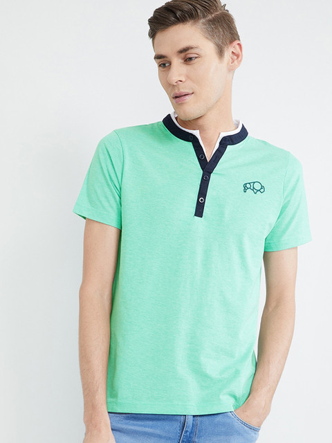 

max Men Sea Green Solid Round Neck T-shirt