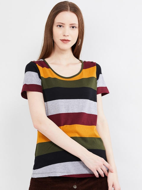 max Women Multicoloured Striped Round Neck T-shirt, Multi