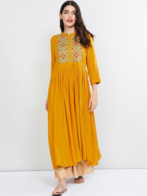 

max Women Mustard Yellow & Green Embroidered Anarkali Kurta