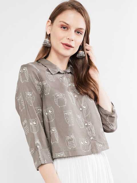 

max Women Grey Printed Shirt Style Top