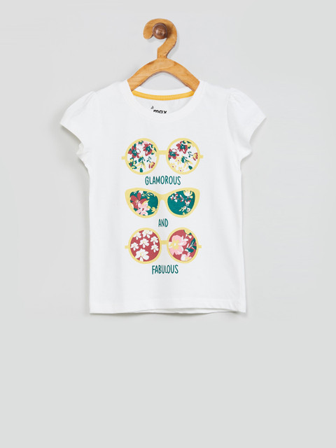 

max Girls White Printed Round Neck T-shirt