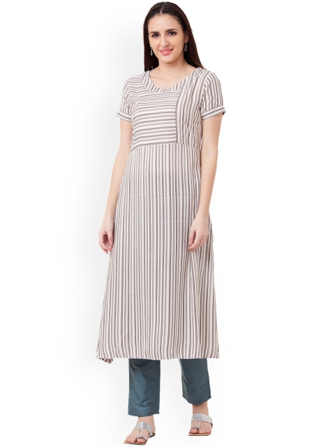 

IMARA Women Off-White & Brown Striped A-Line Kurta