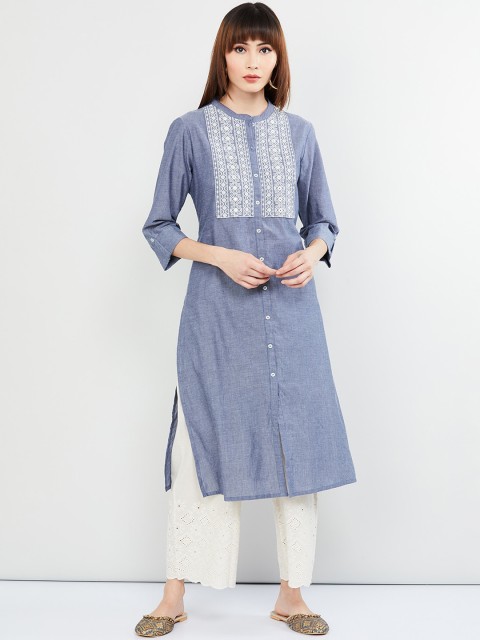 

max Women Blue & White Yoke Design Straight Kurta