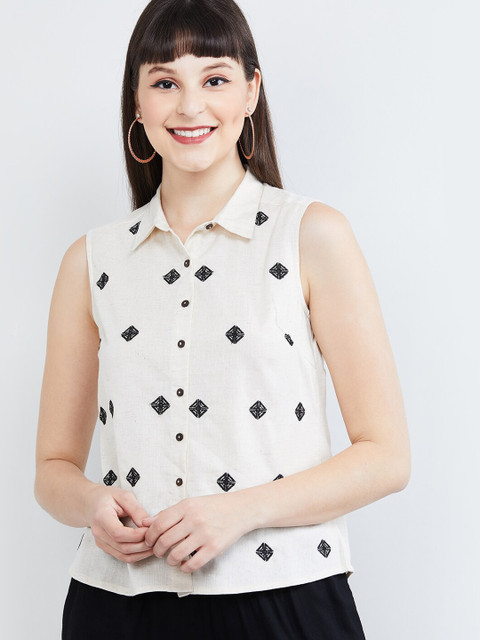 

max Women Cream-Coloured Embroidered Shirt Style Top