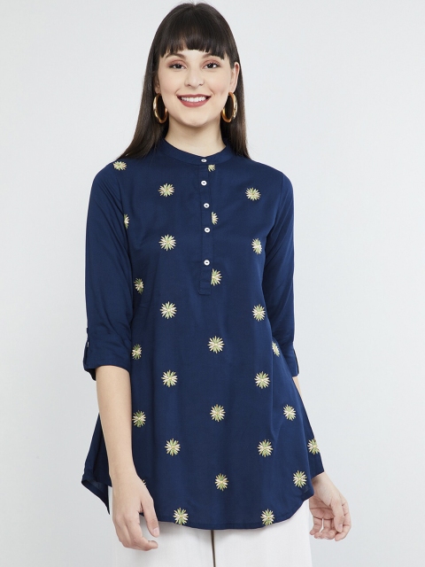 

max Women Navy Blue Self Design Longline Embroidered A-Line Top