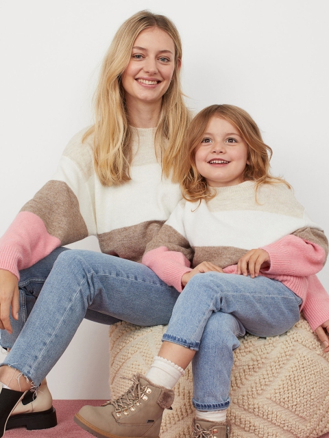 

H&M Women Pink & Beige Colourblocked Fine-Knit Jumper