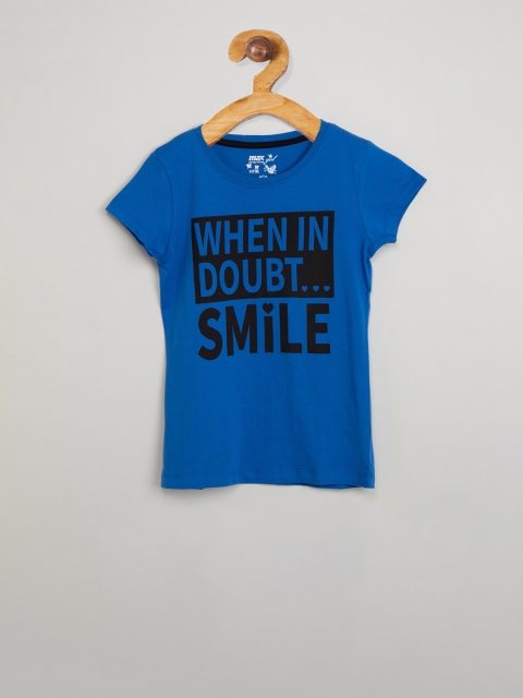 

max Girls Blue Printed Round Neck T-shirt
