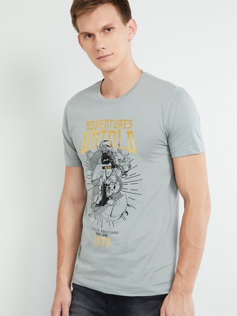 

max Men Grey Melange Printed Round Neck T-shirt