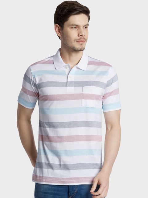 ColorPlus Men White Striped Polo Collar T-shirt