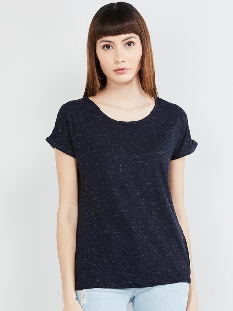 

max Women Navy Blue Solid Round Neck T-shirt