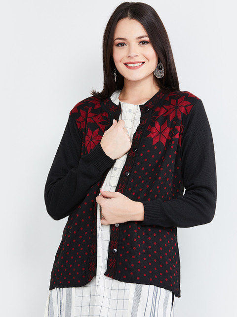 

max Women Black Self Design Cardigan Sweater