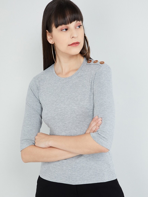 max Women Grey Melange Solid Knitted Fitted Top