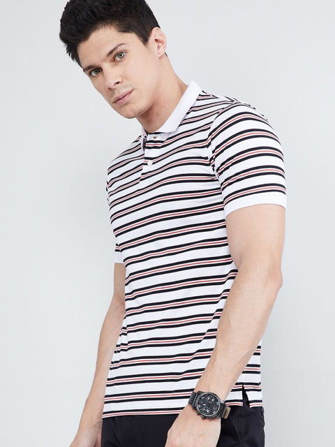 

max Men White & Black Striped Polo Collar T-shirt