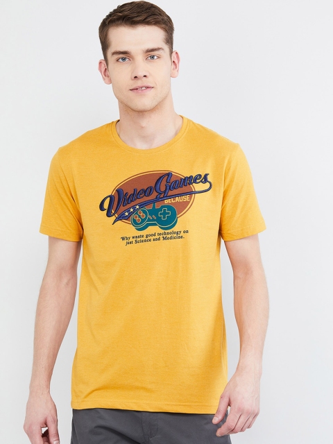 

max Men Yellow Printed Round Neck T-shirt