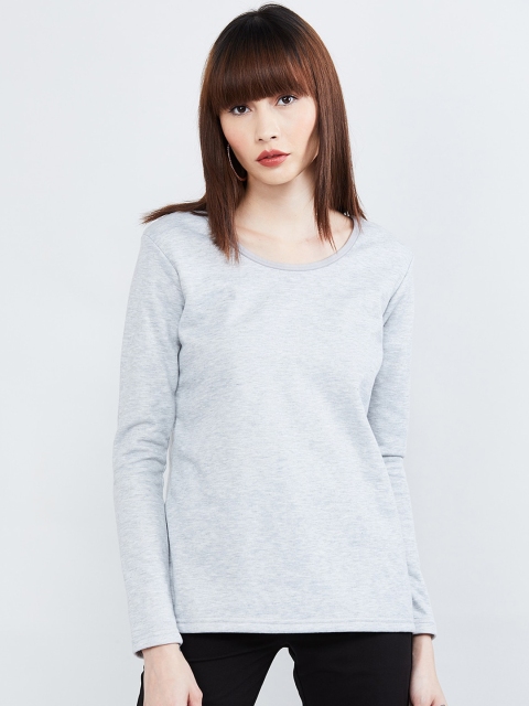 max Women Grey Melange Solid Round Neck T-shirt