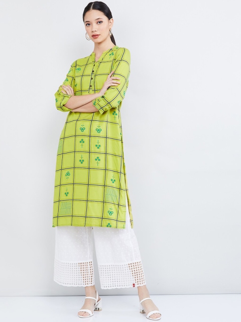 

max Women Lime Green & Blue Checked Straight Kurta