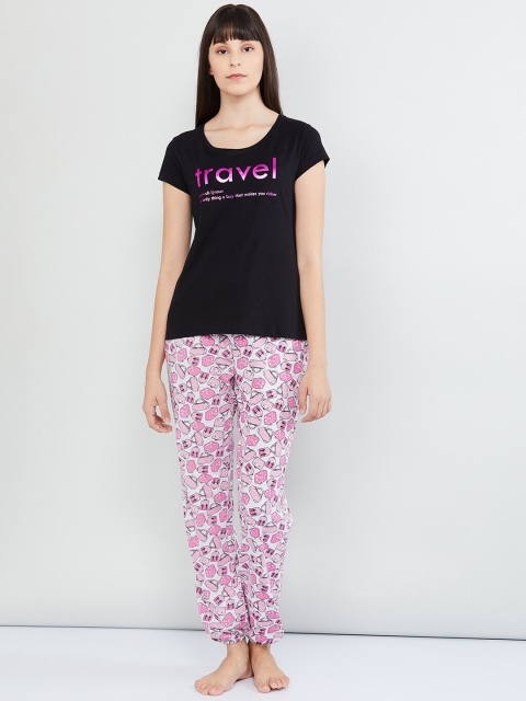 

max Women Black & Pink Printed Night suit