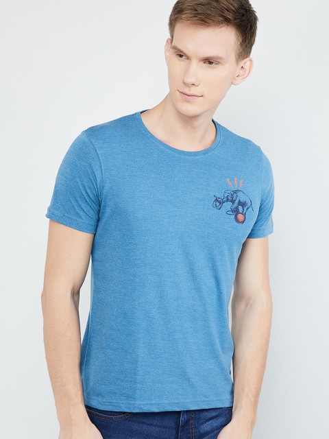 

max Men Blue Printed Round Neck T-shirt