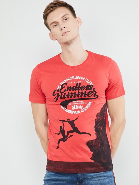 

max Men Red Printed Round Neck T-shirt