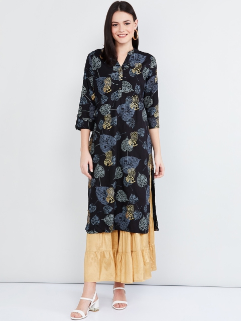 

max Women Black Printed Straight Kurta