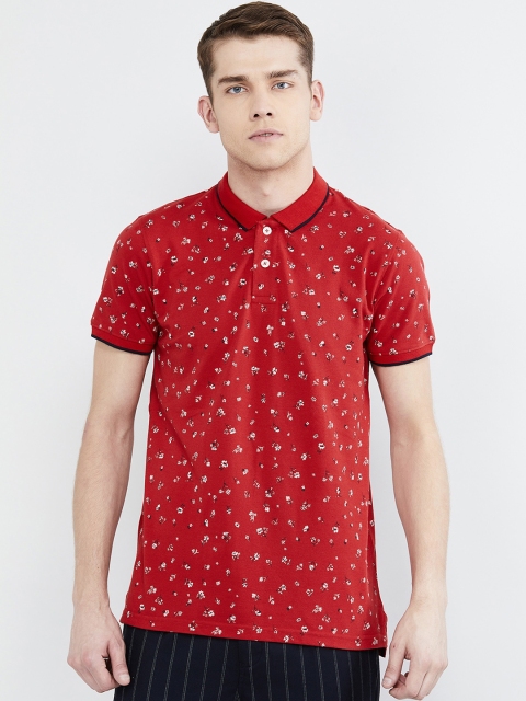 

max Men Red Floral Print Polo Collar T-shirt