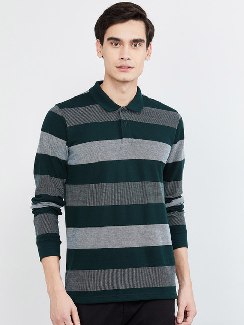 

max Men Green & Grey Striped Polo Collar T-shirt