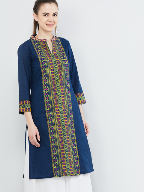 

max Women Navy Blue Embroidered Straight Kurta