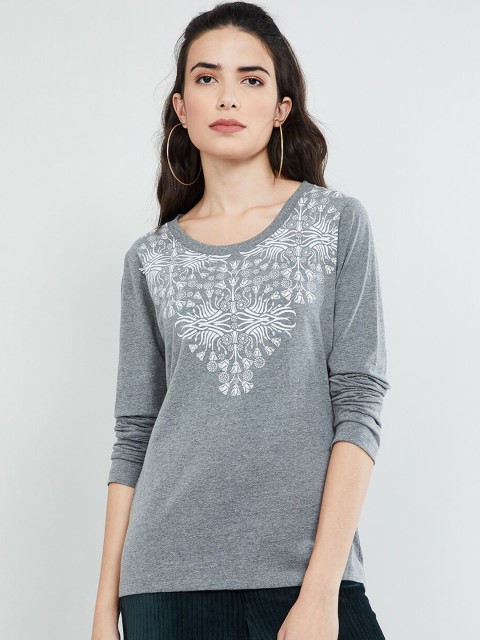 

max Women Grey Printed Round Neck T-shirt