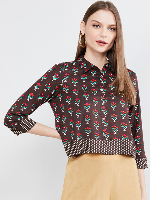 

max Women Brown Regular Fit Printed Casual Crop Shirt