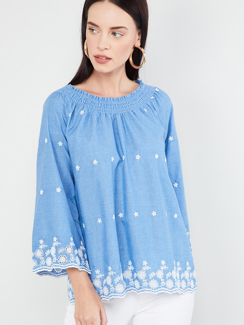 

max Women Blue & White Embroidered Top