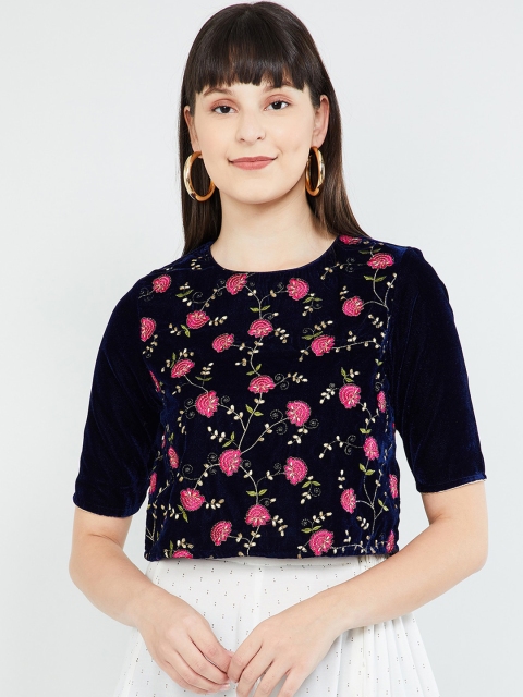 max Women Navy Blue & Pink Floral Printed Crop Top