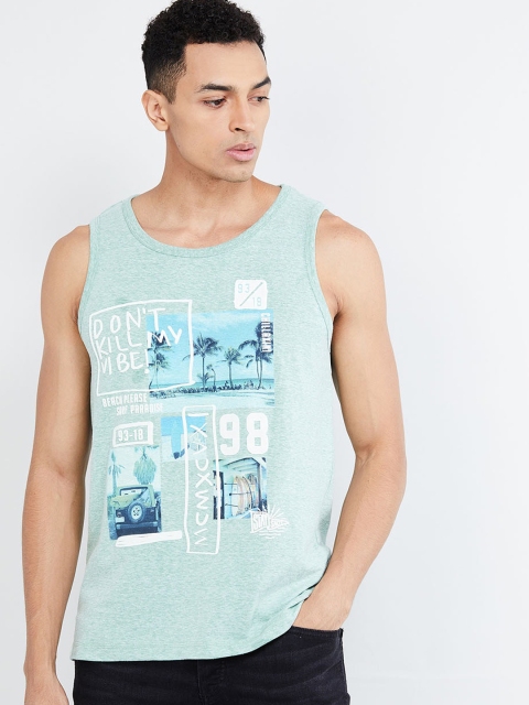 

max Men Sea Green Printed Round Neck T-shirt