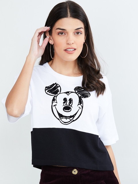 

max Women White & Black Mickey Mouse Printed Round Neck T-shirt