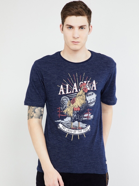 max Men Navy Blue Printed Round Neck T-shirt