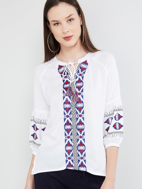 

max Women White & Blue Embroidered High-Low Top