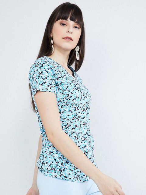 

max Women Aqua Blue & White Floral Print Top