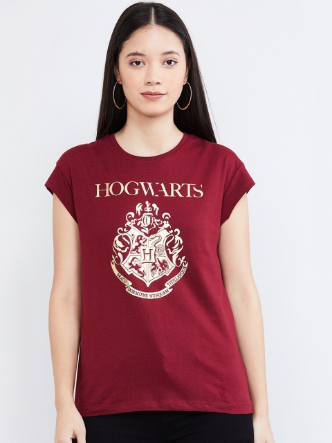 

max Women Maroon & Gold Printed Round Neck T-shirt