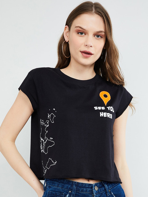 

max Women Black Printed Round Neck T-shirt