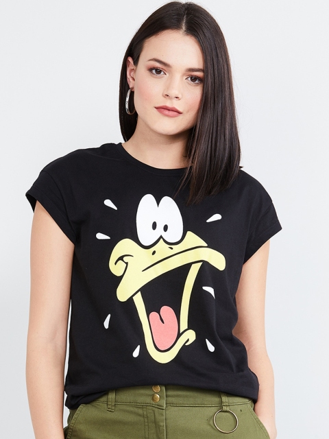 

max Women Black Printed Round Neck T-shirt