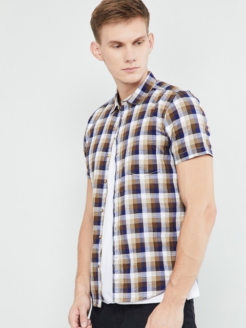 max Men Khaki & Blue Regular Fit Checked Casual Shirt