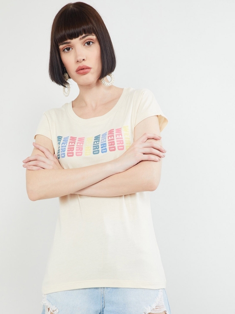

max Women Cream-Coloured Printed Round Neck T-shirt