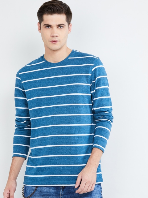 

max Men Blue & White Striped Round Neck T-shirt