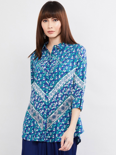 

max Women Turquoise Blue Printed Shirt Style Top