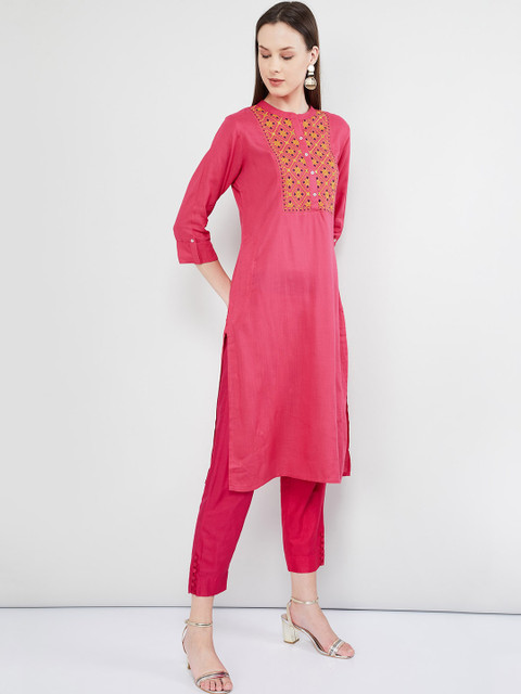 

max Women Rose Pink Yoke Design Straight Kurta