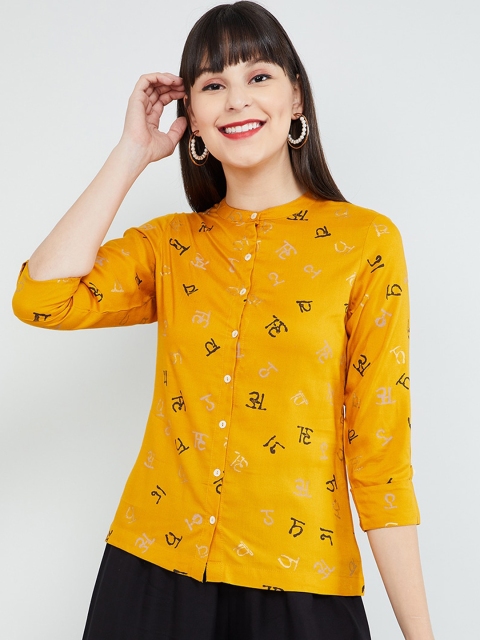 

max Women Mustard Yellow Printed Shirt Style Top
