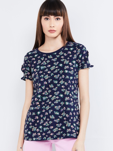 

max Women Navy Blue Floral Printed Pure Cotton Top